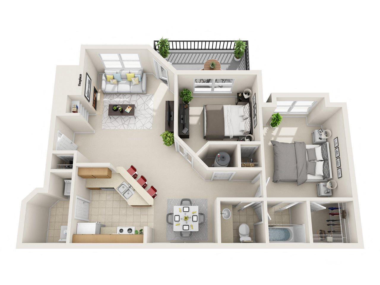 A 3D floor plan of a house with multiple rooms and furniture.